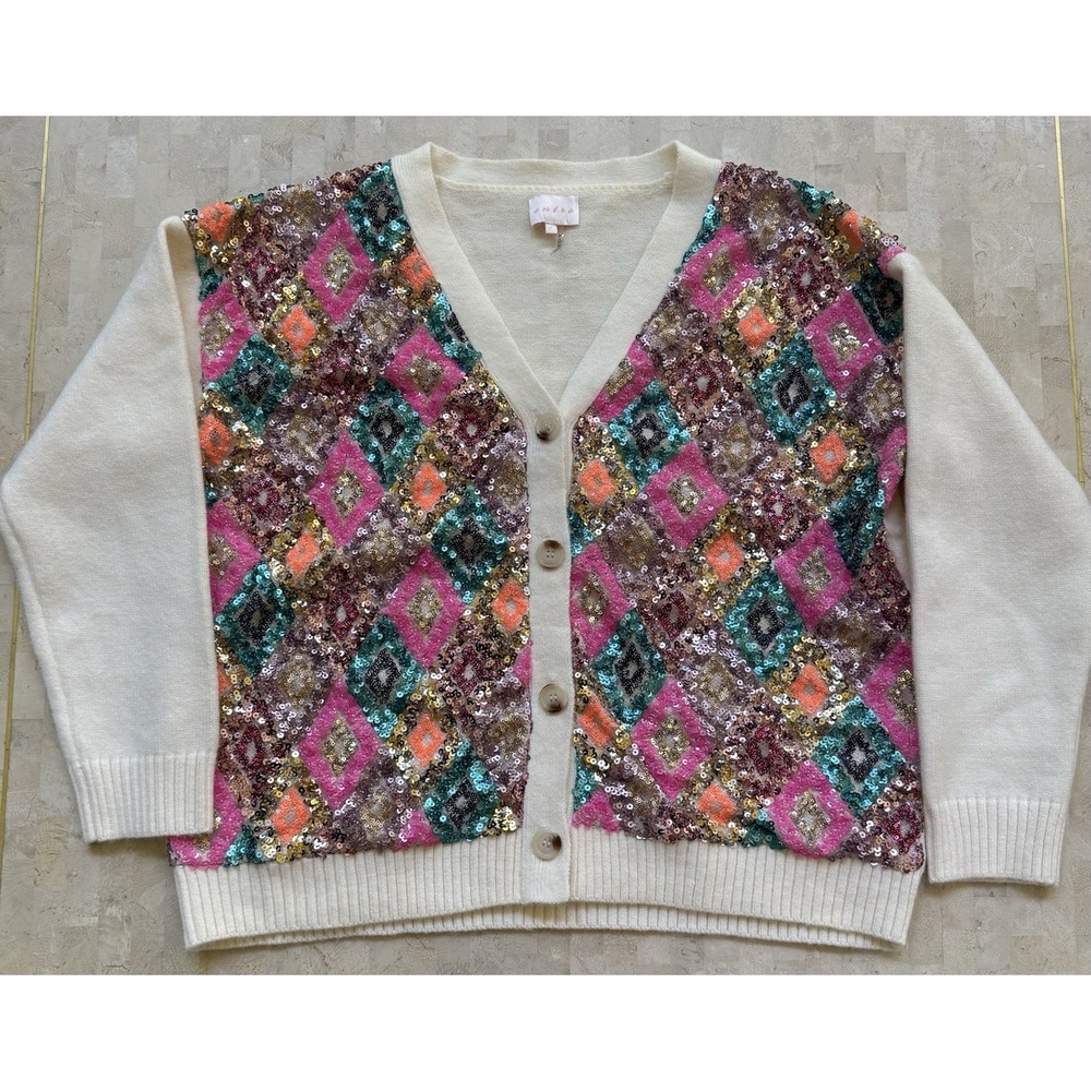 Entro Womens Multi Color Sequin Open Cardigan Boho Queen of sparkles Style Large - Picture 2 of 9